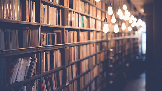 Library Books on Shelves with Lightbulbs