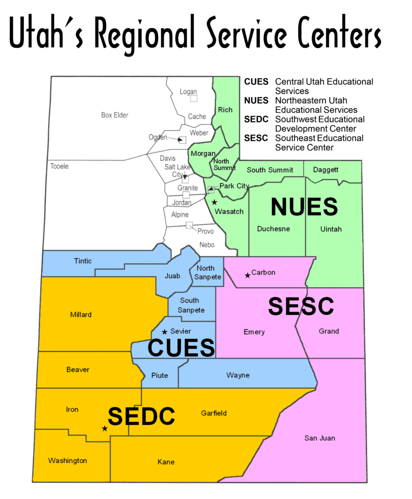 Utah Regional Service Agency Map NUES, CUES, SESC, and SEDC