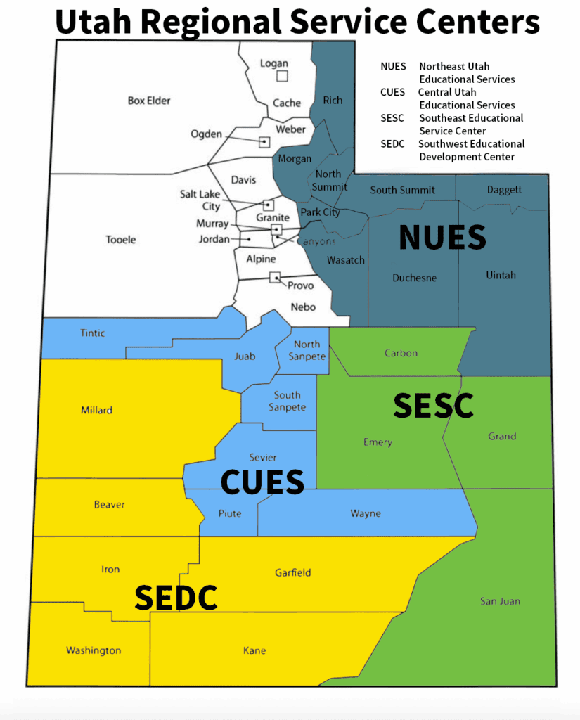 Utah Regional Service Agency Map NUES, CUES, SESC, and SEDC